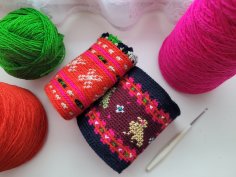 Multicoloured crocheted wrist cuffs from Muhu island